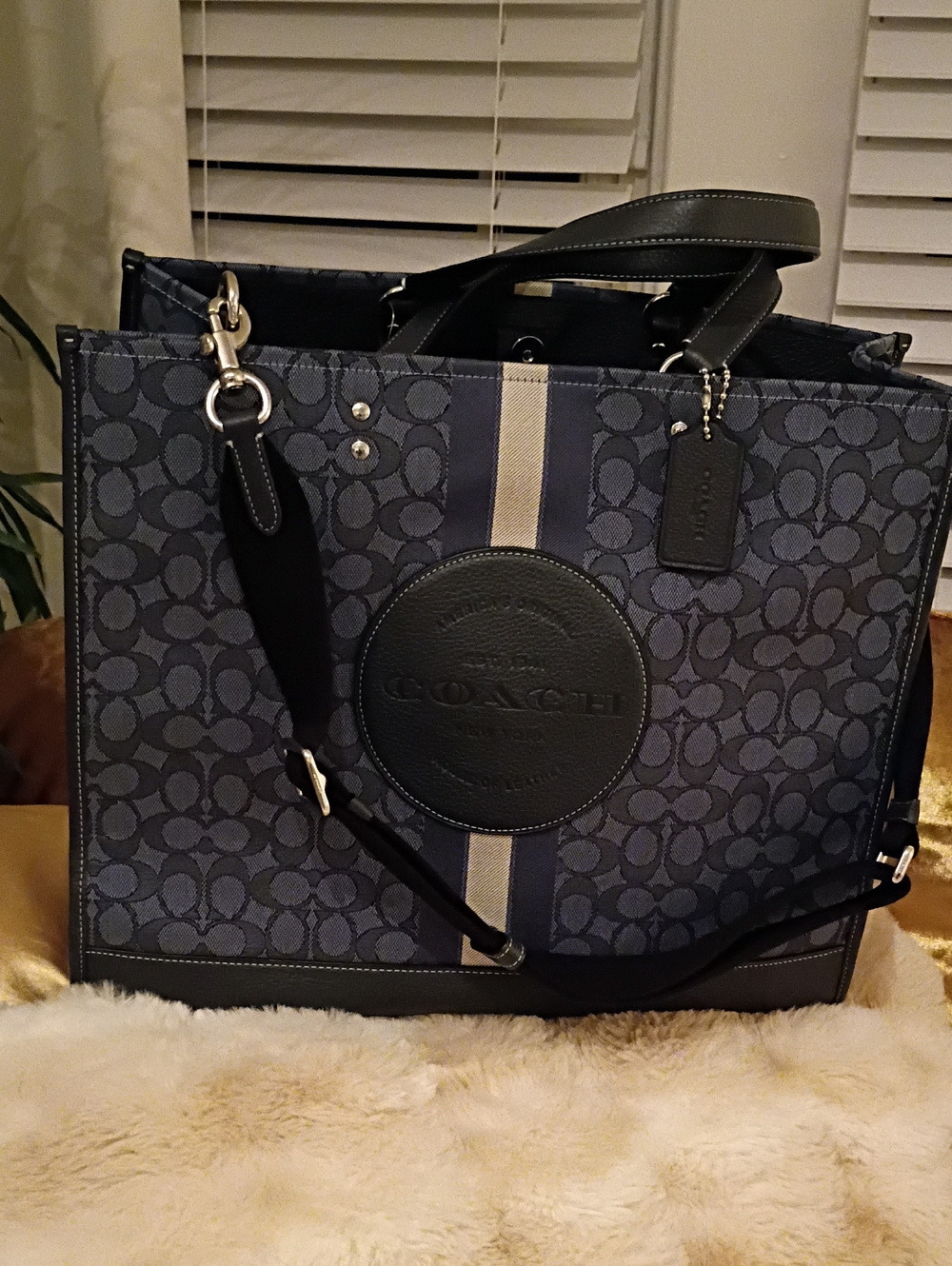 Coach Blue Signature Canvas Tote with Center Stripe